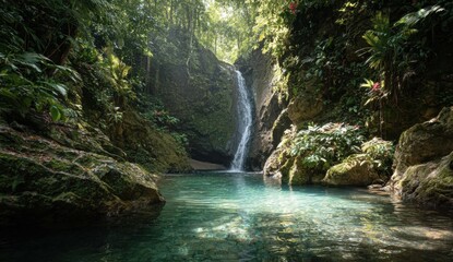 Lush waterfall cascading into a tranquil pool in a dense tropical rainforest