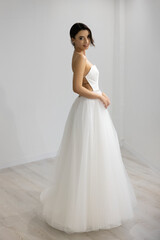 Beautiful bride in modern A-line gown with open back, elegant and stylish indoor portrait
