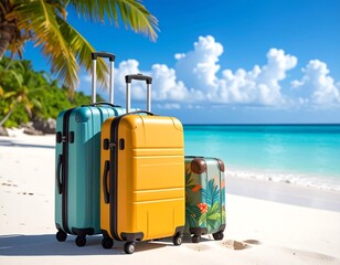 Colorful suitcases on a tropical beach