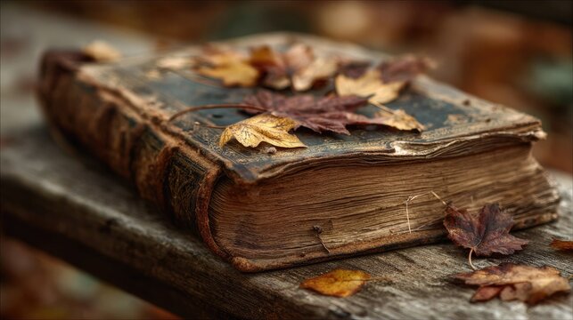 Aged book, autumn leaves, weathered wood