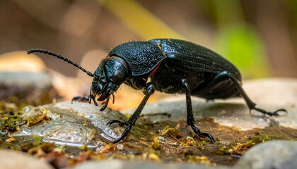 Fototapeta premium Close-up of a black beetle on rocks