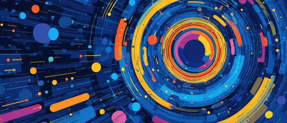 Abstract design with concentric circles, vibrant colors, and dynamic lines