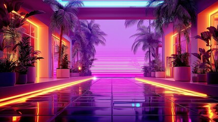 Obraz premium Vibrant Neon Pathway with Lush Plants