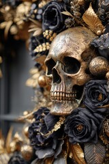 Luxury Halloween Wreath with Golden Accents and Metallic Skull Centerpiece