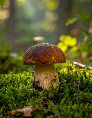 Forest mushroom on mossy ground