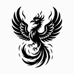 Obraz premium Black Phoenix Illustration on White Background | Stylized Fire Phoenix Vector | Majestic Phoenix Line Art Graphic