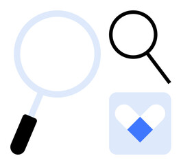 Two magnifying glasses emphasizing search and exploration alongside a blue-pill shaped heart icon. Ideal for research, healthcare, diagnosis, investigation, learning, analysis, simple flat metaphor