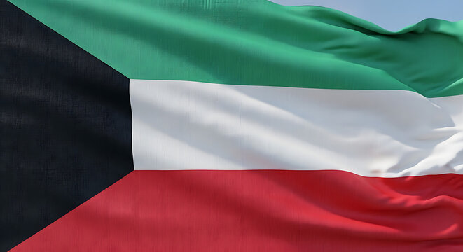 Closeup shot capturing the vibrant and textured kuwaiti flag waving gently in the wind, symbolizing national pride, unity, and the rich cultural heritage of kuwait, with its distinctive colors and des