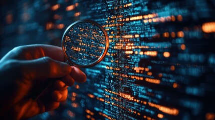 Cybersecurity: Unveiling the digital secrets, a magnifying glass reveals hidden code within a vast digital landscape. The search for vulnerabilities and data breaches.
