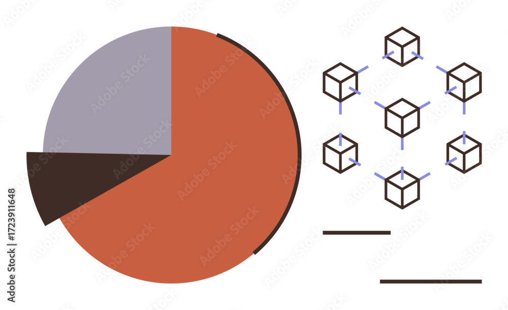 Poster pie chart and interconnected blocks representing blockchain structure. ideal for analytics, blockcha