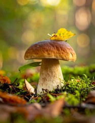 Forest mushroom with autumn leaf