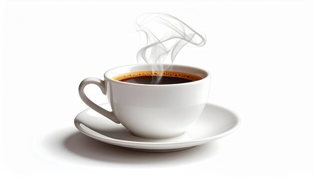 A classic white ceramic cup filled with aromatic steaming hot black coffee on a matching saucer, isolated against a plain white background
