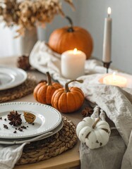 Generated image. Table filled with pumpkins, lit candles, and dry autumn leaves, organic home decor