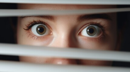 Terrified young woman's eyes looking through windows blinds