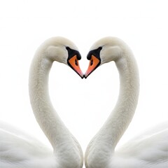 Obraz premium Two graceful white swans forming a heart shape with their necks, symbolizing love and connection against a clean white background, creating a romantic and elegant composition .