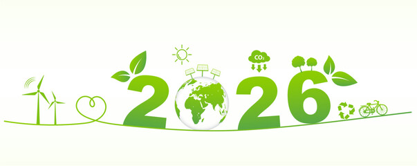 Eco friendly 2026 concept with green energy, renewable resources, recycling and sustainability icons around earth, symbolizing future environmental awareness and clean technology