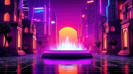 Neon City Landscape with Vibrant Fountain