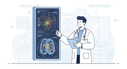 Doctor using artificial intelligence to analyze brain scans in a modern hospital setting
