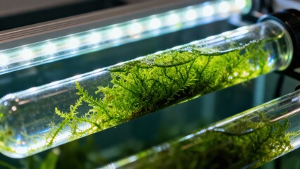 Aquatic Moss Growing In Clear Glass Test Tubes Under Bright Lights