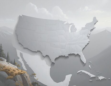 Light gray 3D map of the USA, nestled in a hazy mountain landscape
