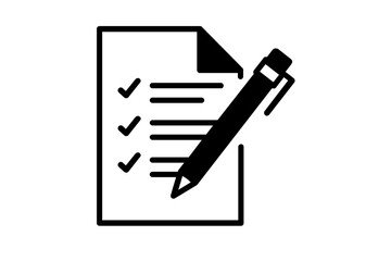 Vector illustration of a sheet of paper with checklists and a pen next to it. It represents concepts of approval, document signing, completed tasks, organization, productivity, and contracts. The simp
