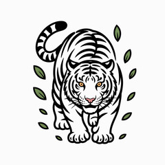 Fototapeta premium Black and White Tiger Illustration with Leaves | Clean Vector Art of Tiger Surrounded by Foliage | Simple Tiger Design for Graphic Projects