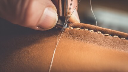 Macro shot of hand stitching leather wallet showing artisan craftsmanship detail, high resolution handmade craft and design concept