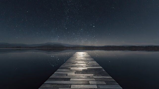 Starry night, wooden pier on lake