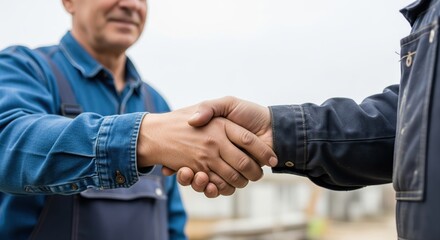 Construction Workers Shaking Hands On Building Site Successful Partnership And Cooperation