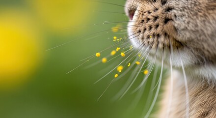 Obraz premium Close-up of a hare's muzzle with pollen on its whiskers, against a blurred green and yellow background , creating a spring scene