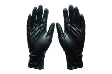Two black rubber gloves displayed against a transparent background for protection and safety