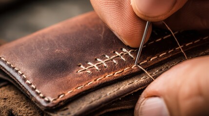 Macro shot of hand stitching leather wallet showing artisan craftsmanship detail, high resolution handmade craft and design concept