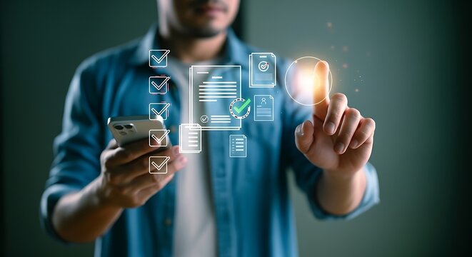 Man utilizes advanced digital interface on smartphone for secure document management and online data processing, streamlining business operations with innovative technology concept