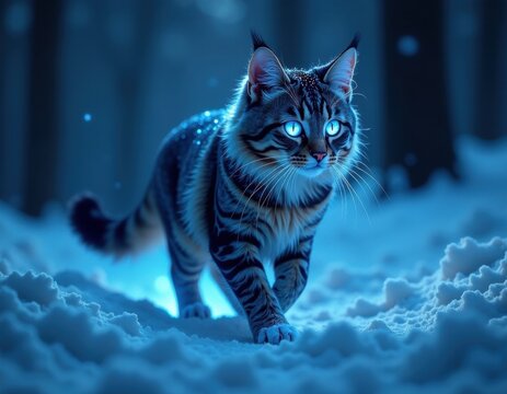 Mystical Lynx-Like Cat with Glowing Blue Eyes in Winter Snow - Powered by Adobe