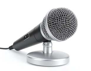 Black microphone with silver stand on a white background