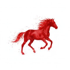 Watercolor painting of a vibrant red horse galloping across a white background, artistic equine illustration, a fiery stallion in motion, symbol of freedom and power .
