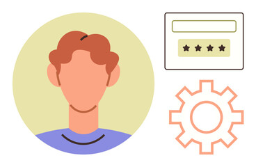 Head profile illustration, login password field with stars, gear icon for settings. Ideal for account, user management, authentication, profile customization, settings, UX design simple flat