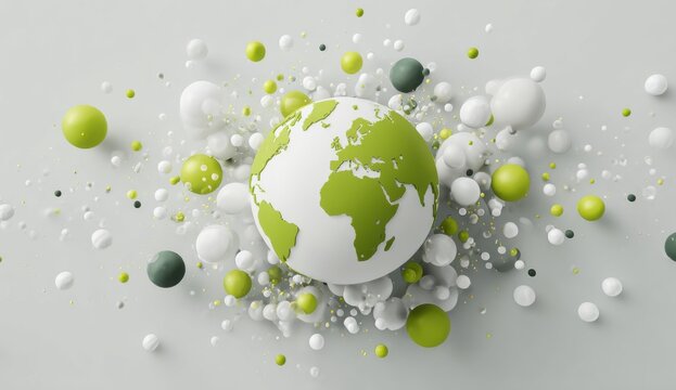Abstract 3D globe surrounded by spheres in pastel colors