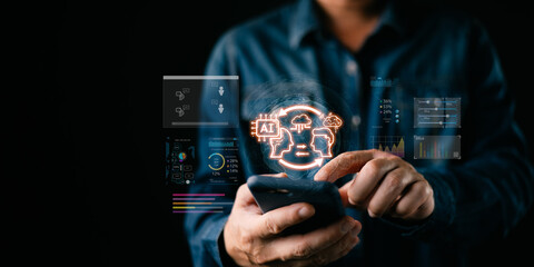 person use smartphone with glow AI icon and futuristic data dashboard representing artificial intelligence,analytics,cloud computing,automation,digital transformation,and modern technology innovation.