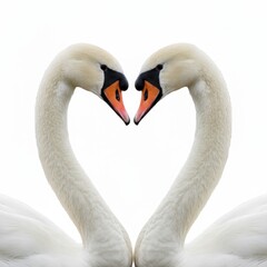 Fototapeta premium Two graceful swans face each other, their necks forming a heart shape, symbolizing love, unity, and togetherness against a pristine white background .