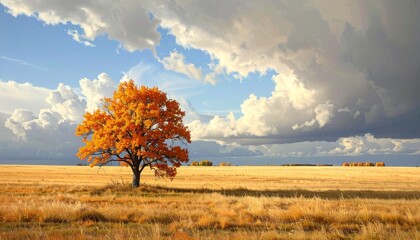 Solitary Autumn Tree in Golden Field Under Dramatic Sky