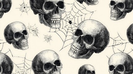 Halloween Skull Pattern with Webs on White Background for Ads and Flyers