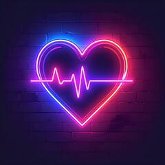 Neon heart with heartbeat graphic on brick wall