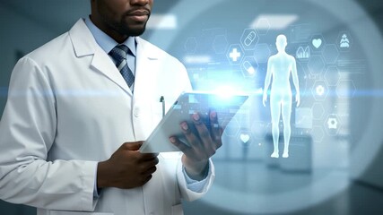 Doctor black man in uniform with tablet and medical holographic icons showing innovation, security and future of medical advancements. Advanced digital technology in modern healthcare - Powered by Adobe