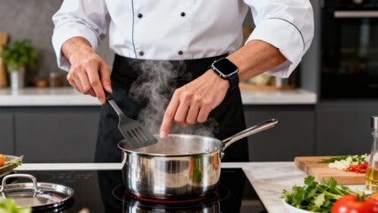 Chef Preparing A Meal In A Modern Kitchen With A Spatula Pan