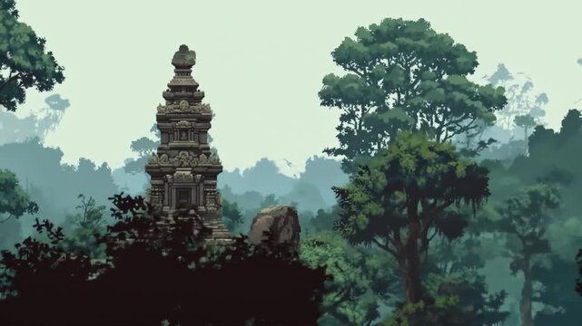 Ancient temple in misty forest