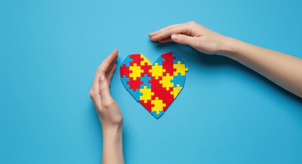 A heart-shaped puzzle, symbolizing acceptance and understanding, is cradled by hands on a vibrant blue background.
