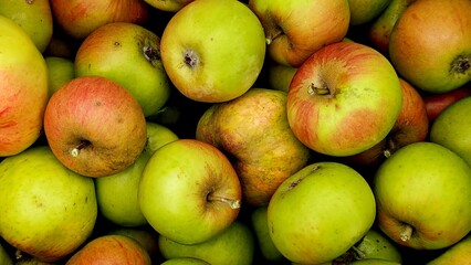 A detailed close-up of a large pile of freshly harvested green and red apples, a perfect background for food and autumn themes