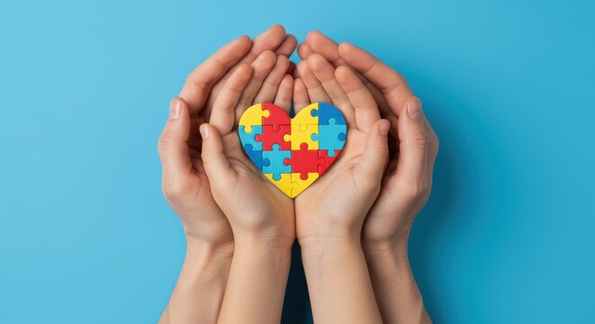 A colorful puzzle heart rests gently in caring hands, representing support and understanding for individuals with autism. - Powered by Adobe