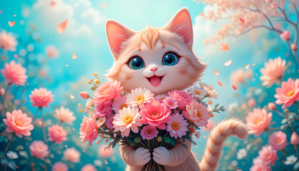 Children's illustration, holiday greeting card, cute cat with a bouquet of flowers, Valentine's Day card
